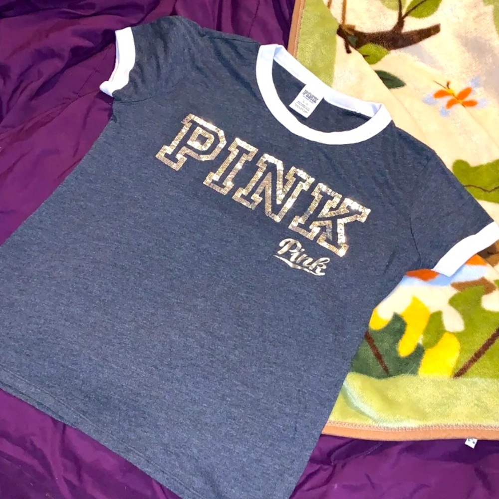 EUC PINK Victoria’s Secret Blinged Out “PINK” Super Soft Gray Tee Sz Lg
